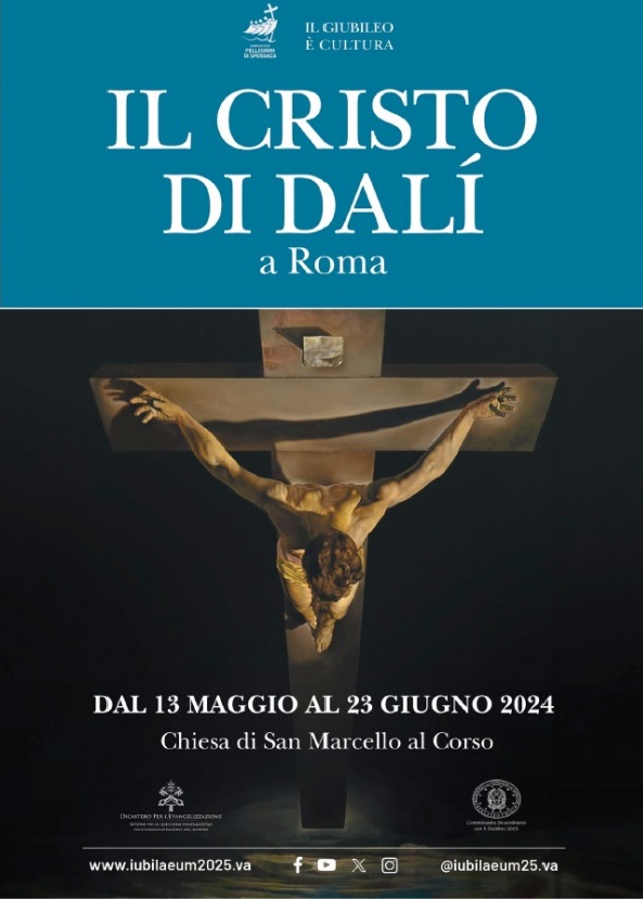 Locandina dell'esposizione straordinaria del Cristo di Dalì nella Chiesa di San Marcello al Corso, a Roma