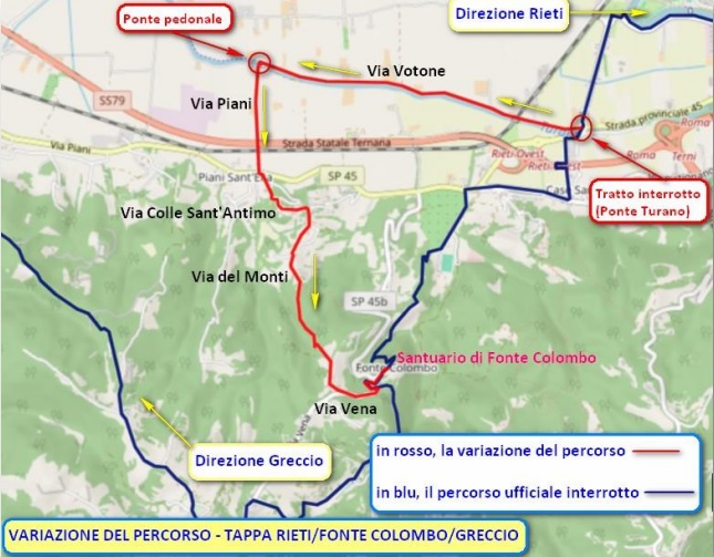 la mappa con le indicazioni delle interruzioni di percorso sul Cammino di Francesco