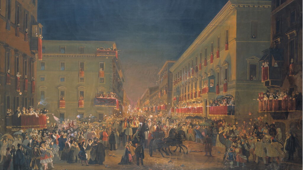 Festa dei Moccoletti al Corso, Ippolito Caffi (1845 - 47), Museo di Roma in Trastevere, foto da www.turismoroma.it